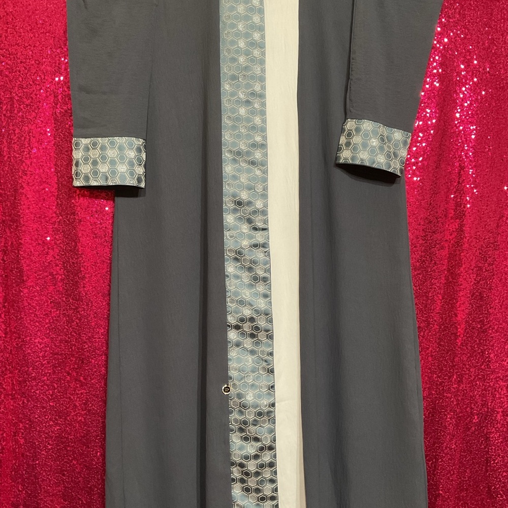 Gray Long Coat With Patterned Trim - image 1